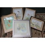 James Booth - Five watercolour paintings framed, garden birds, butterflies and swans.