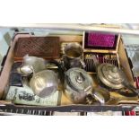 A quantity of silver plated wares, cased teaspoons, cutlery, teapots, hip flask, etc.