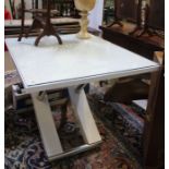 A modernist steel & white lacquer dining table with fitted glass protector top