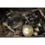 A box of sundry brass-wares, including horse figure, candlesticks, etc