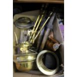 A box containing brass fire irons, wooden shoe trees & horse brasses, etc