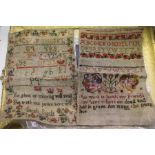 Two Antique unframed samplers one dated 1835 together with a hand embroided silk