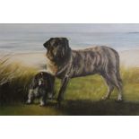 Ann Gray, A Grey Mastiff & Black & White Cocker Spaniel in a coastal landscape, oil on board, signed