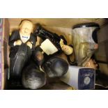An interesting box relating to Winston Churchill, including figurines, metal, etc