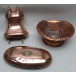 A quantity of antique copper, foot warmer, hot water bowl, tap and cistern