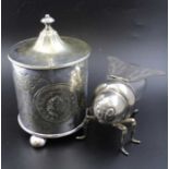 A silver plate and glass bee form honey jar, having hinged wings forming the lid, stamped "Gooinger"