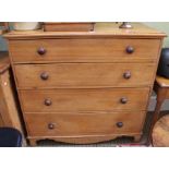 A Victorian pine chest of four drawers, knob handles on bracket feet, 116cm wide