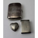 A silver cigarette case, Chester 1899, together with a silver matchbox, and a silver heart shaped pi