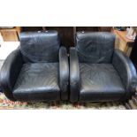 A pair of easy chairs, Art Deco design, black leather upholstered, on chrome bases
