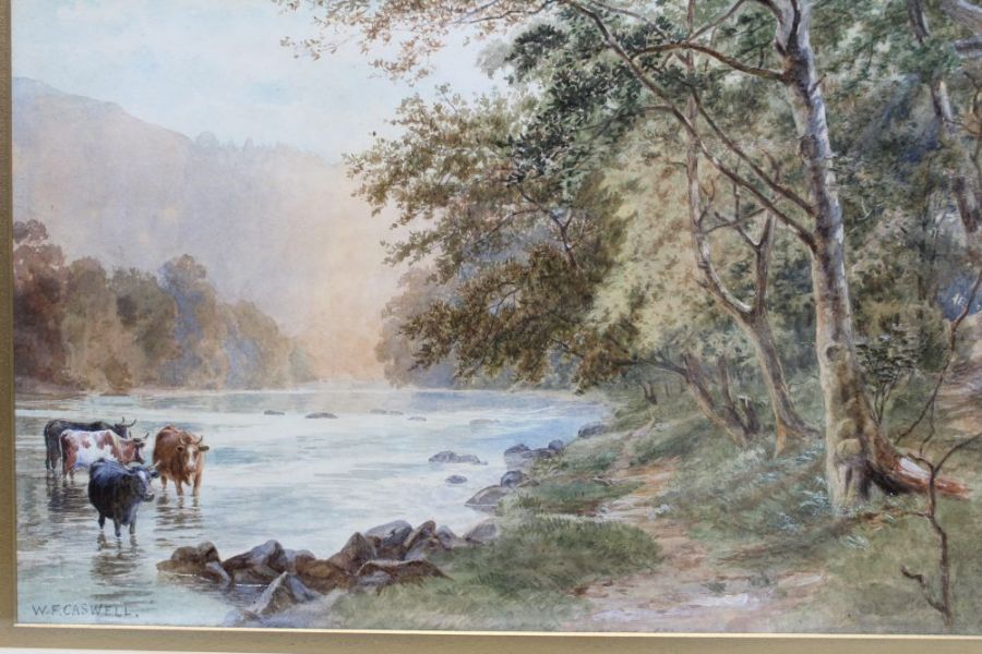 William Frederick Caswell R.B.S.A (fl: 1870-1914) 'Woodland river scene with Cattle' Watercolour pai - Image 3 of 4