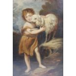 20th century British school "Shepherd boy with a Lamb" oil painting on board, 31cm x 21cm, in an orn