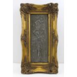 An Art Nouveau design plaque silvered metal effect, 31cm x 11cm, in fancy gilt frame