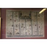 John Ogilby, a later hand coloured road map Gloucester to Coventry, glazed and framed