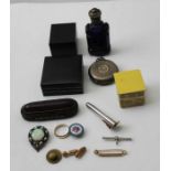A Victorian blue glass scent bottle, a white metal half hunter pocket watch, a gold bar brooch, vari