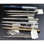 A collection of nine propelling pencils & pens, includes silver & rolled gold Parker pen