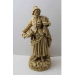 A detailed porcelain figurine of a young woman in peasant costume, holding a basket of fish in her r