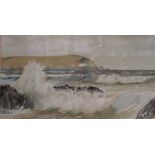 John Hewitt, An original watercolour seascape depicting crashing waves