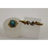 A 15k gold brooch, set turquoise and seed pearls, together with an 18ct gold ring, set turquoise