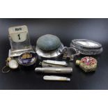 A collection of various decorative wares, includes; a silver mounted desk calendar, a silver based p