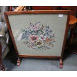 Two occasional tables and a needlework inset fire screen.