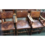 Set of six leather Cromwellian design dining chairs to include two carvers. With Brass stud work.