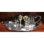 A silver plated tray together with other assorted metalwares