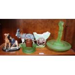 A selection of porcelain and glassware to include a goat and cart.