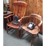 A 19th century high backed, country kitchen armchair, with well figured elm seat, together with a mo