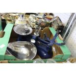 A set of blue Victorian design kitchen scales with chrome pans and weights