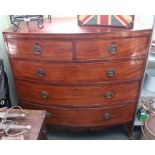 A 19th century, mahogany bow front five drawer chest on plain splayed feet.