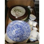 A box containing a selection of china and porcelain wares. Includes a Worcester plate