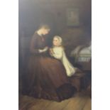 An original oil painting of a mother and child praying within fancy gilt frame