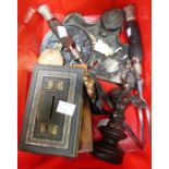 A small red crate containing a selection of collectible items includes an Art Nouveau ink stand