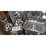 Silver ring tidy, pair of dwarf candlesticks and a plated snuff box