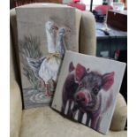 A painting of pigs and another of geese
