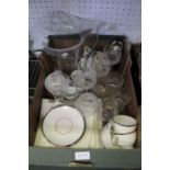 A box of assorted china and glass, includes; cut glass hocks, a brandy balloon, tumblers, and a larg