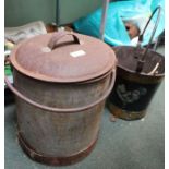A metal swing handled lidded coal bucket, together with a painted pail, stencilled with chickens