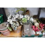 Two trays of decorative domestic items to include ever lasting flowers