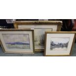 Three modern watercolours each depicting a water course or the sea