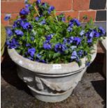 A cast concrete swag decorated garden planter, containing purple pansies