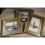 Three small watercolours, sea / river scenes, gilt mounted and framed
