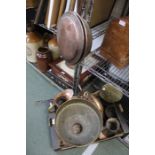 A box containing a selection of metalwares the majority copper to include a warming pan