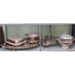 A large silver plated tray with various other plated wares