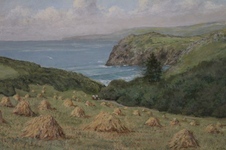An oil on board study of a cliff top view, hay fields & sea, signed John Hewitt - Image 3 of 5