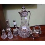 A claret jug with Old Sheffield plate cover, plated mustard, gravy boat, sugar caster & other items