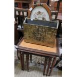 A nest of three tables, a brass magazine rack & an embroidered tray