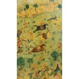 An Indian Mughal design painting of a hunt, gilded highlights, having a penwork script border, 44cm
