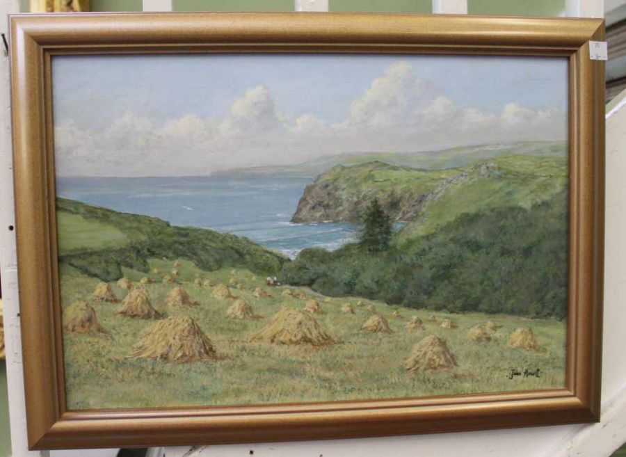 An oil on board study of a cliff top view, hay fields & sea, signed John Hewitt