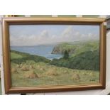 An oil on board study of a cliff top view, hay fields & sea, signed John Hewitt