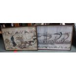 Two prints depicting sections of the Bayeux Tapestry, glazed in wooden frames